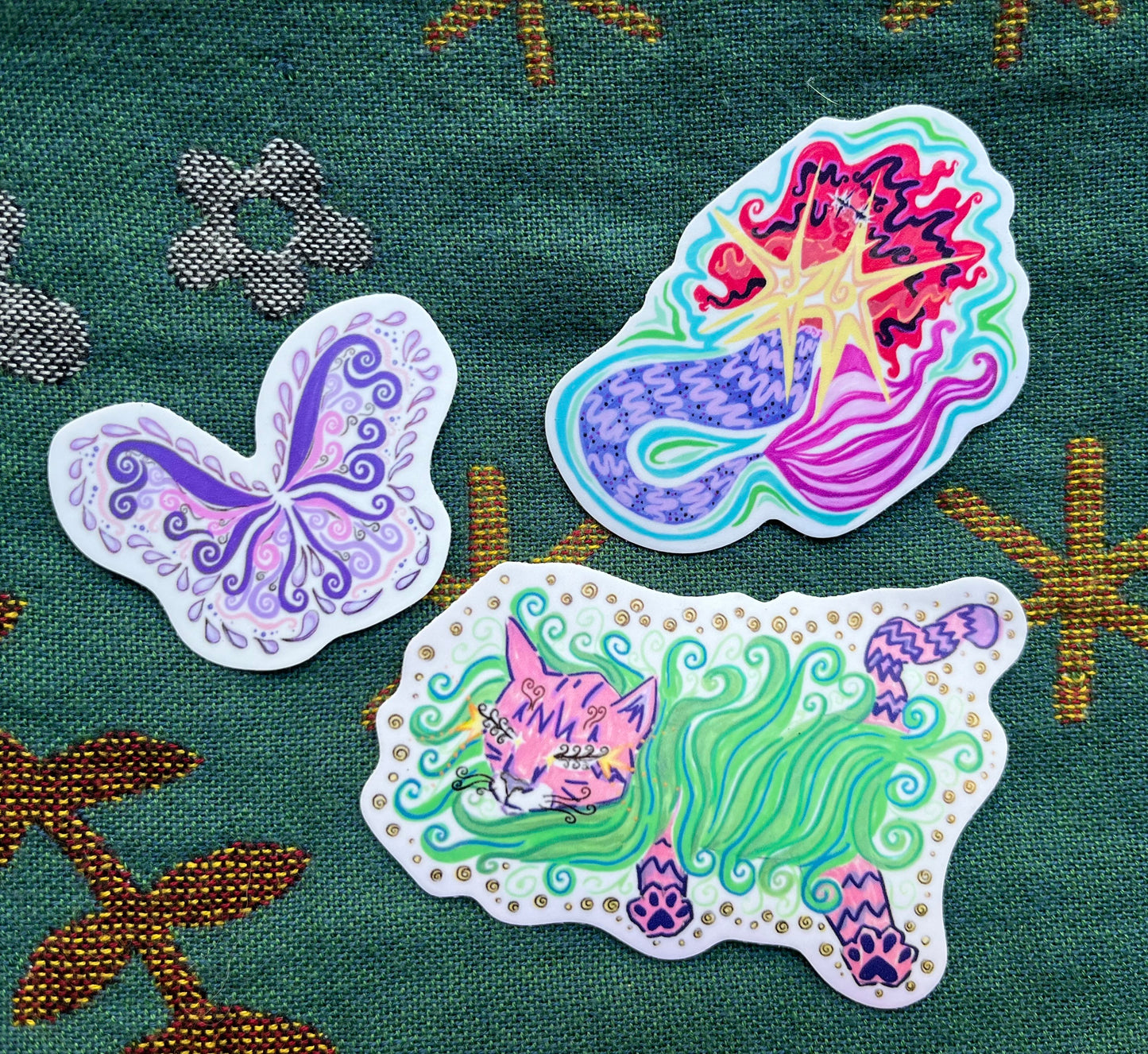 3 STICKERS pk - cat, mermaid, fairy wings