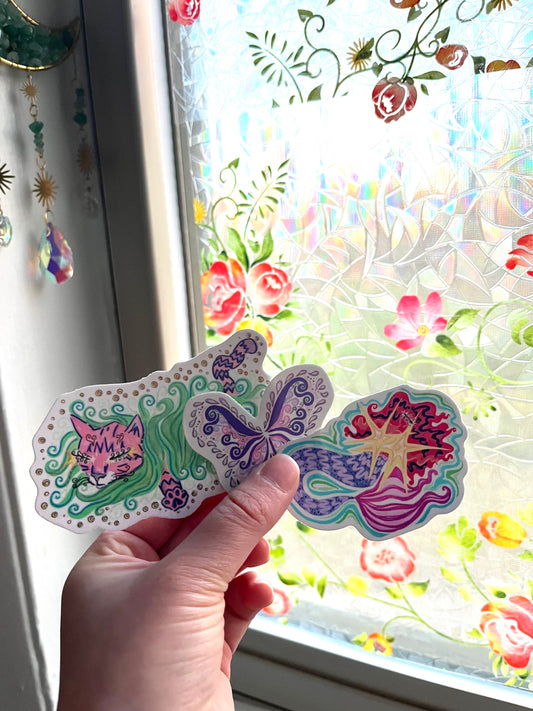 3 STICKERS pk - cat, mermaid, fairy wings